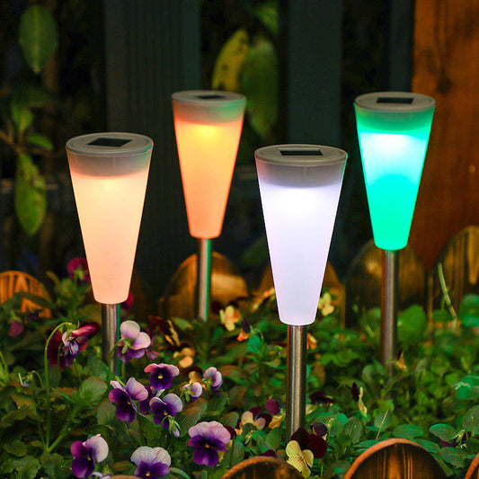 Solar-Powered Multicolor Garden Lights in a Garden Setting