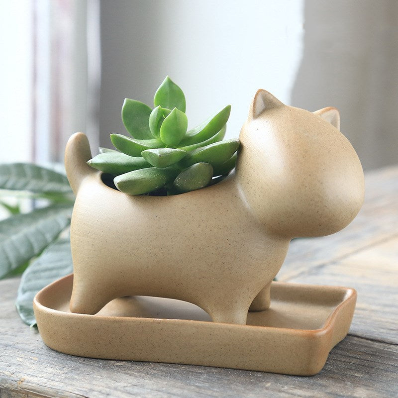 Eco-Friendly Elephant & Cat Succulent Planters - Natural Beige Ceramic