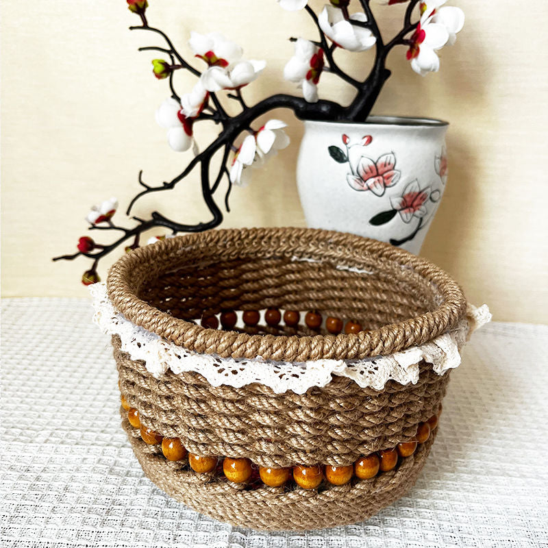 Eco-Friendly Jute Decorative Basket with Lace Trim for Home Organization