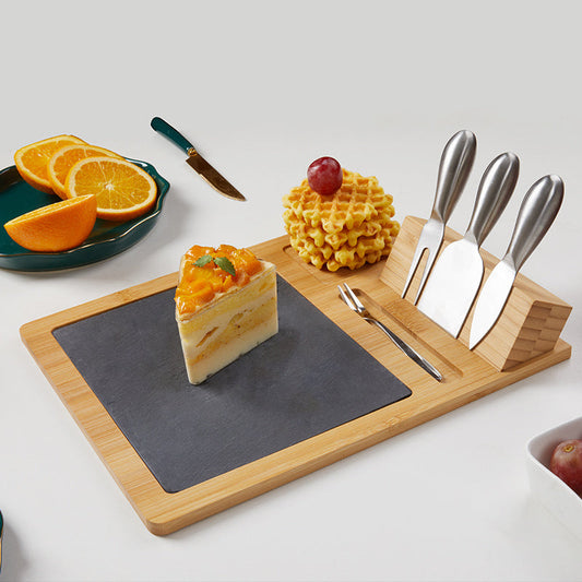 Eco-Friendly Bamboo Cheese Board Set with Slate and Stainless Steel Knives