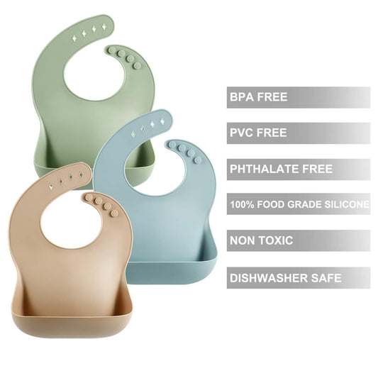 Eco-Friendly Silicone Bibs with Catch Pocket in Green, Blue, and Beige