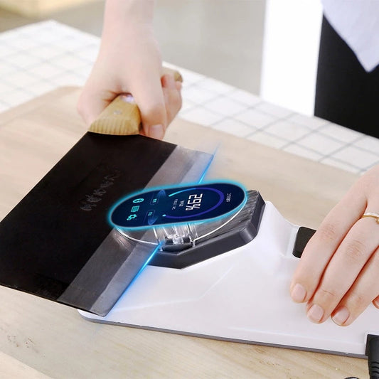 Eco-Friendly Knife Sharpener with White Base and Black and Blue Accents