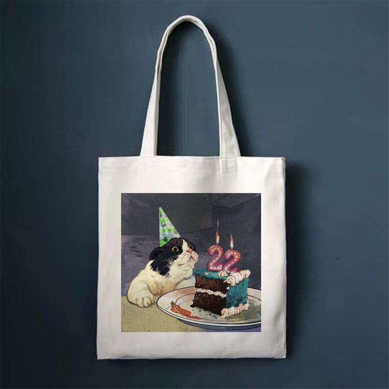 Eco-Friendly White Cat Tote Bag - Sustainable Cotton Reusable Shopping Bag
