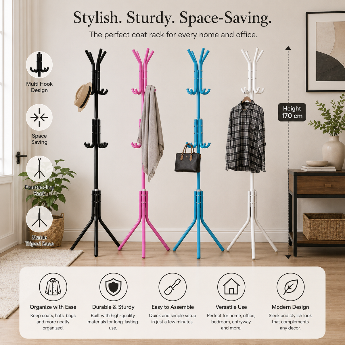 72 Pieces Freestanding Metal Coat Racks with Multiple Hooks and Tripod Base for Coats (Hats – Bags – Entryway – Bedroom and Office – Assorted Colors)