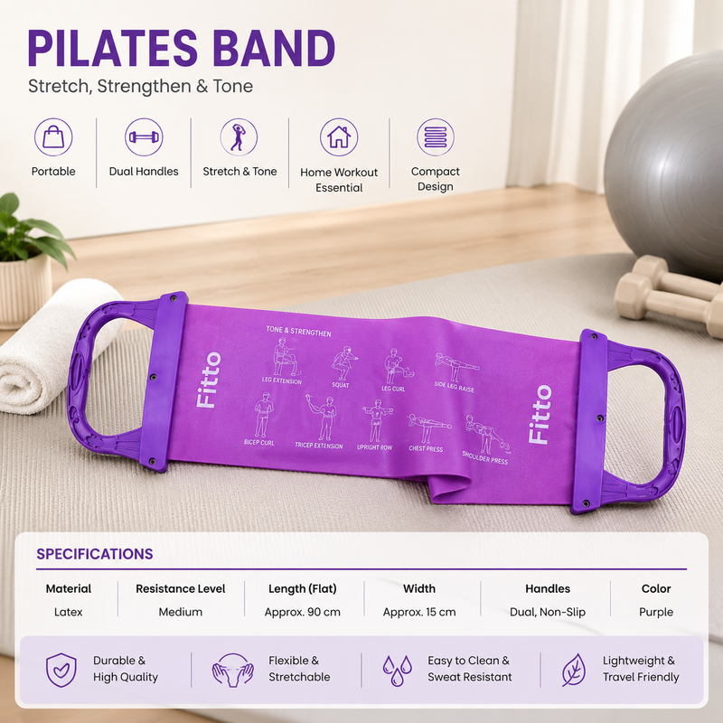 96 Pieces Pilates Bands with Dual Handles (Medium Resistance Latex Exercise Band – Stretch and Tone Fitness Strap for Home Workout – Yoga – Pilates and Strength Training)