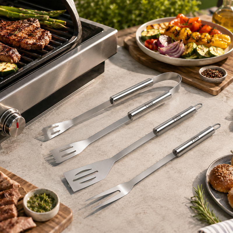 96 Pieces BBQ Tool Sets (3-Piece Stainless Steel Grill Utensil Set with Long Reach Handles and Hanging Loops)