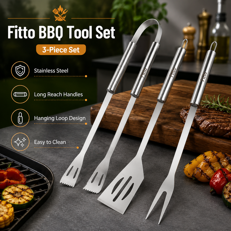 96 Pieces BBQ Tool Sets (3-Piece Stainless Steel Grill Utensil Set with Long Reach Handles and Hanging Loops)