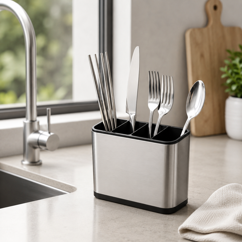 120 Pieces Cutlery Buckets (Stainless Steel 3-Compartment Utensil Holder with Easy-Drain Spout for Kitchen Countertop)