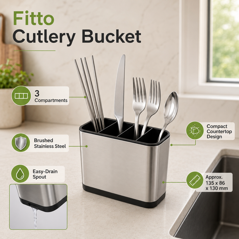 120 Pieces Cutlery Buckets (Stainless Steel 3-Compartment Utensil Holder with Easy-Drain Spout for Kitchen Countertop)