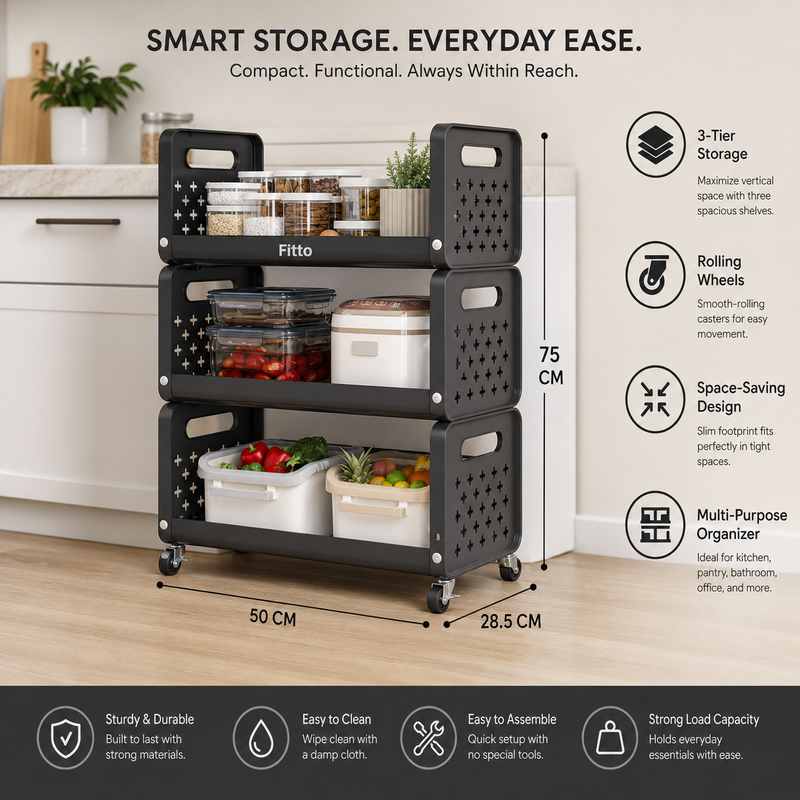 48 Pieces 3-Tier Storage Racks (Rolling Kitchen Organizer with Wheels and Side Baskets – 50 x 28.5 x 75 cm)