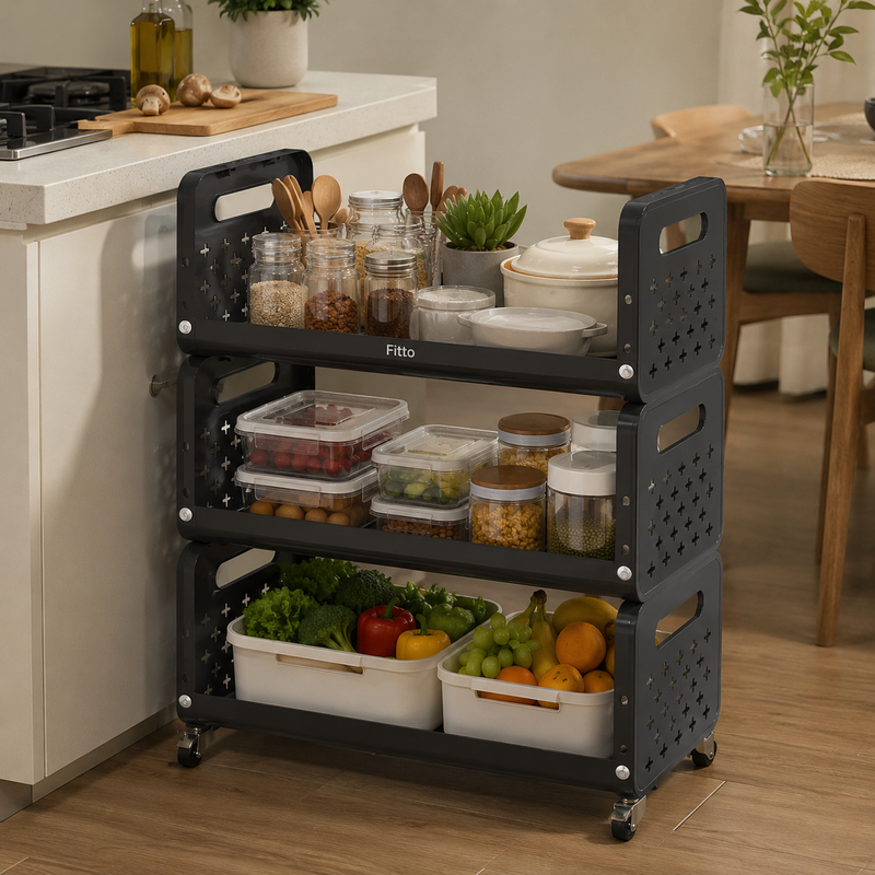 48 Pieces 3-Tier Storage Racks (Rolling Kitchen Organizer with Wheels and Side Baskets – 50 x 28.5 x 75 cm)
