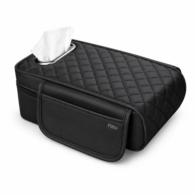 72 Pieces Car Armrest Tissue Covers with Side Storage Pocket (Quilted Padded Center Console Protector and Easy-Access Tissue Holder – Black)