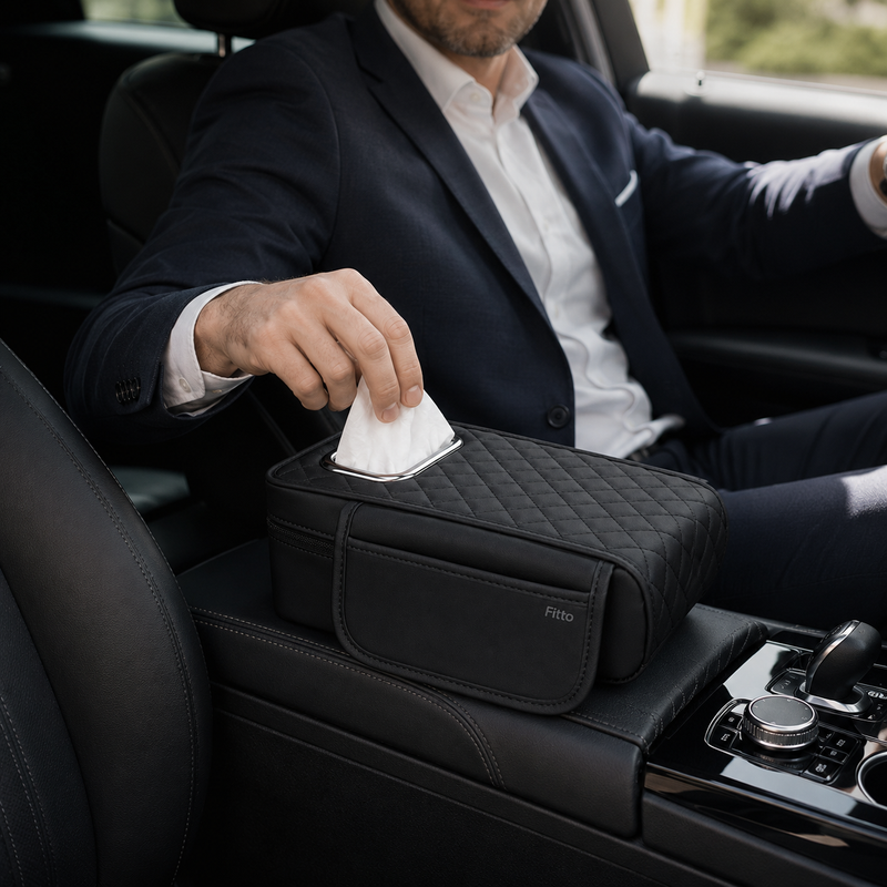 72 Pieces Car Armrest Tissue Covers with Side Storage Pocket (Quilted Padded Center Console Protector and Easy-Access Tissue Holder – Black)