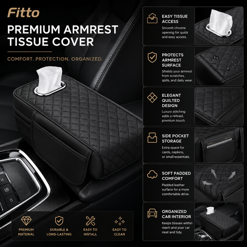 72 Pieces Car Armrest Tissue Covers with Side Storage Pocket (Quilted Padded Center Console Protector and Easy-Access Tissue Holder – Black)