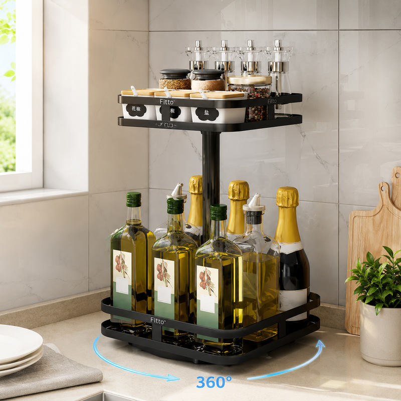 72 Pieces 2-Tier Corner Kitchen Storage Racks (360° Rotating Organizer with Large Capacity Shelves for Spices – Bottles – Jars and Countertop Storage)