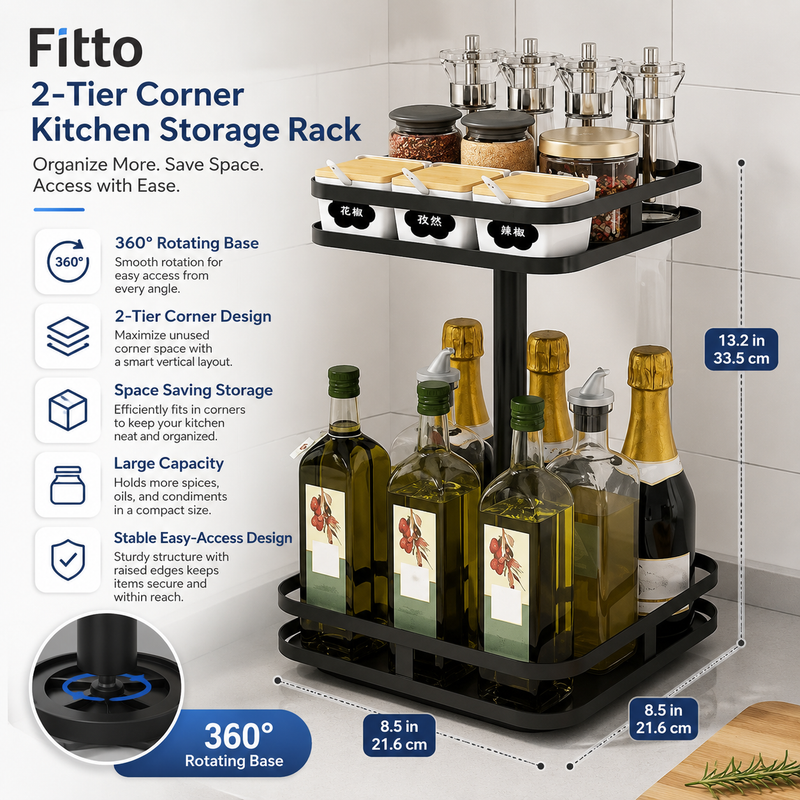 72 Pieces 2-Tier Corner Kitchen Storage Racks (360° Rotating Organizer with Large Capacity Shelves for Spices – Bottles – Jars and Countertop Storage)