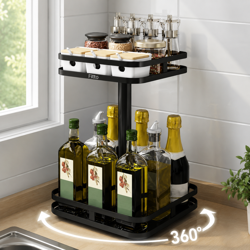 72 Pieces 2-Tier Corner Kitchen Storage Racks (360° Rotating Organizer with Large Capacity Shelves for Spices – Bottles – Jars and Countertop Storage)