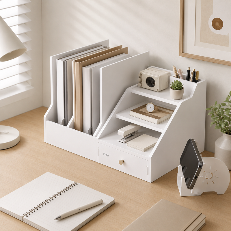 72 Pieces Desk Organizers (White Desktop Storage Shelf with Drawer – File Holder – Multi-Compartment Organizer and Mobile Holder for Office Desk)