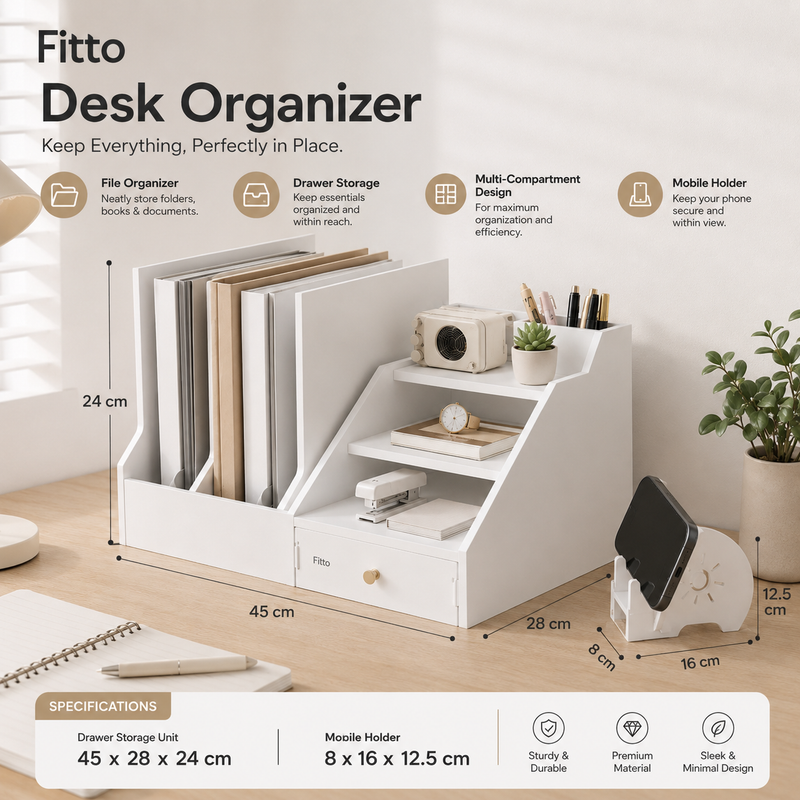 72 Pieces Desk Organizers (White Desktop Storage Shelf with Drawer – File Holder – Multi-Compartment Organizer and Mobile Holder for Office Desk)
