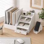 72 Pieces Desk Organizers (White Desktop Storage Shelf with Drawer – File Holder – Multi-Compartment Organizer and Mobile Holder for Office Desk)