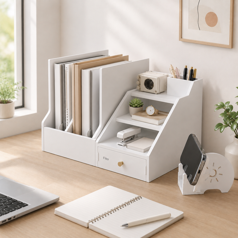 72 Pieces Desk Organizers (White Desktop Storage Shelf with Drawer – File Holder – Multi-Compartment Organizer and Mobile Holder for Office Desk)