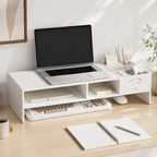 96 Pieces Desk Organizer and Laptop Monitor Risers (White Engineered Wood Desktop Stand with Drawer Storage and Open Compartments – 49 x 20 x 10 cm)