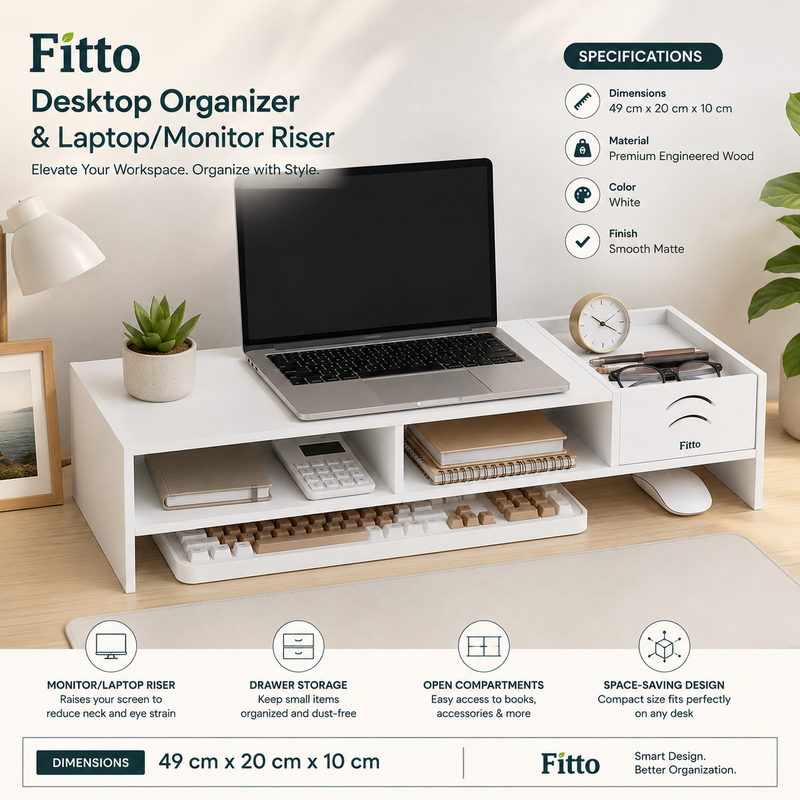 96 Pieces Desk Organizer and Laptop Monitor Risers (White Engineered Wood Desktop Stand with Drawer Storage and Open Compartments – 49 x 20 x 10 cm)