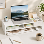 96 Pieces Desk Organizer and Laptop Monitor Risers (White Engineered Wood Desktop Stand with Drawer Storage and Open Compartments – 49 x 20 x 10 cm)