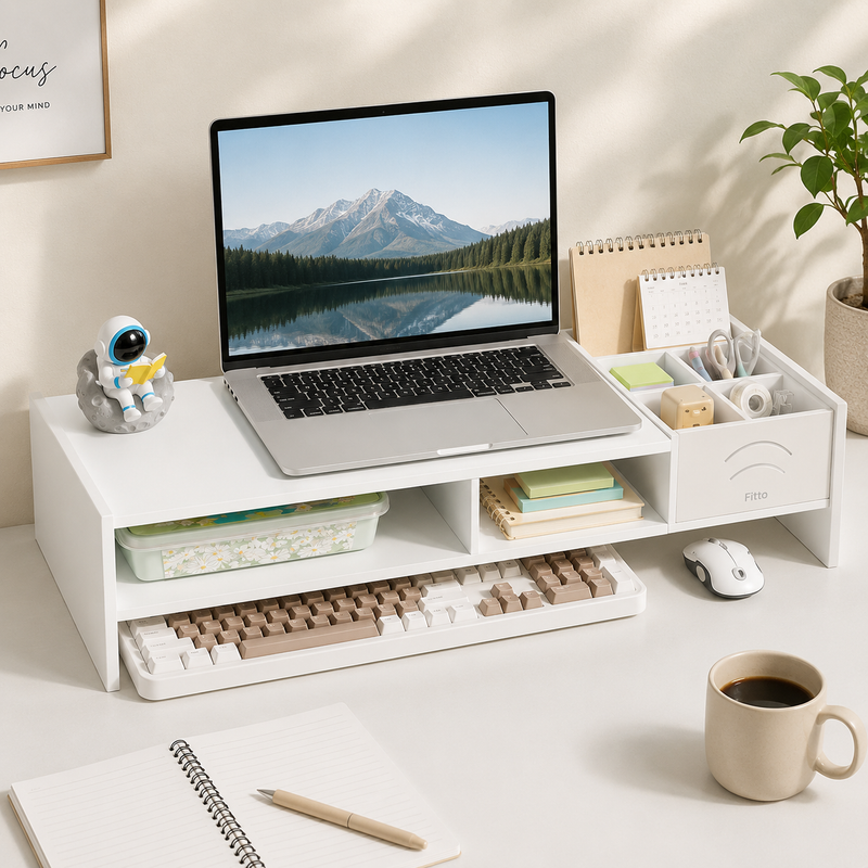 96 Pieces Desk Organizer and Laptop Monitor Risers (White Engineered Wood Desktop Stand with Drawer Storage and Open Compartments – 49 x 20 x 10 cm)
