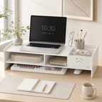 96 Pieces Desk Organizer and Laptop Monitor Risers (White Engineered Wood Desktop Stand with Drawer Storage and Open Compartments – 49 x 20 x 10 cm)
