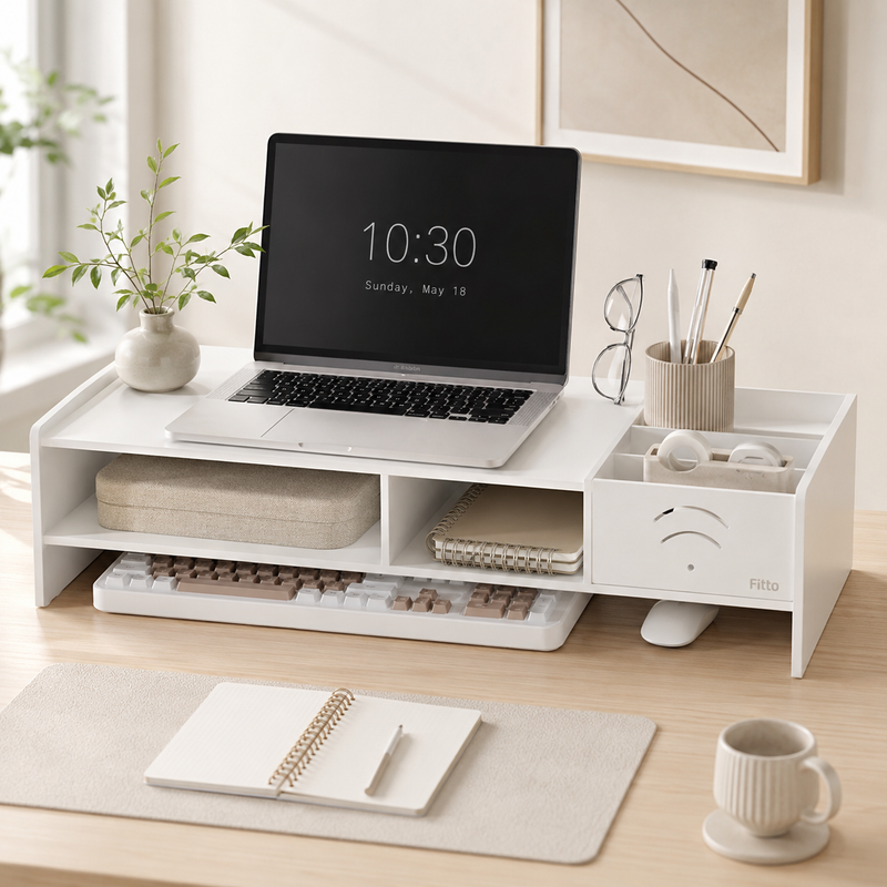 96 Pieces Desk Organizer and Laptop Monitor Risers (White Engineered Wood Desktop Stand with Drawer Storage and Open Compartments – 49 x 20 x 10 cm)