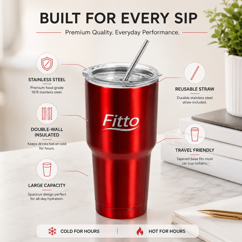 96 Pieces Metallic Red Insulated Travel Tumblers with Lid and Reusable Straw (Stainless Steel Double Wall Coffee Mug for Car Cup Holder)