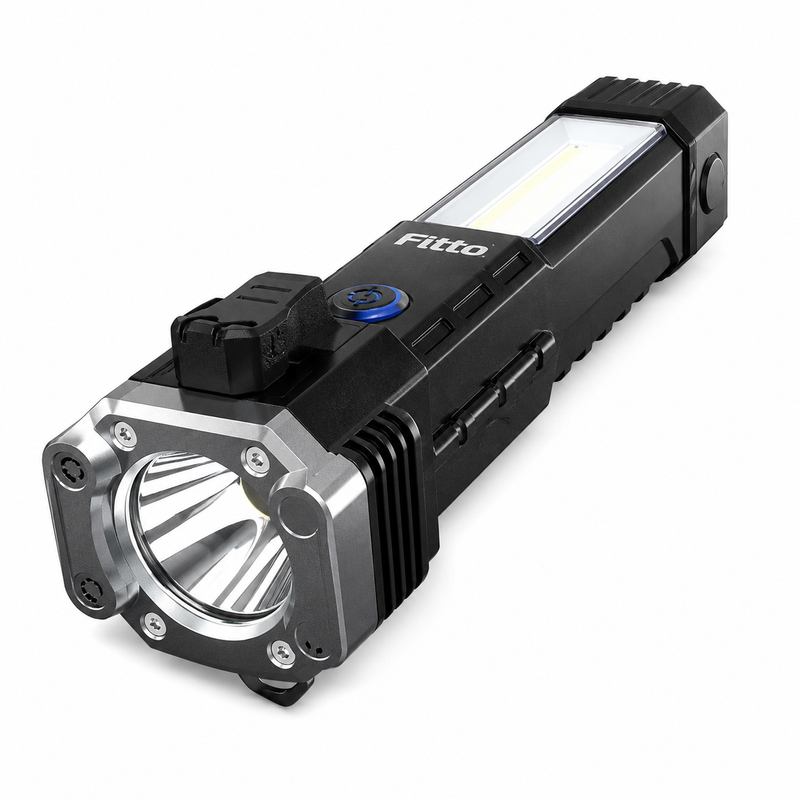 120 Pieces Black Rechargeable Emergency Torches (18 cm Portable LED Flashlight with COB Side Light – Glass Breaker and Seatbelt Cutter)