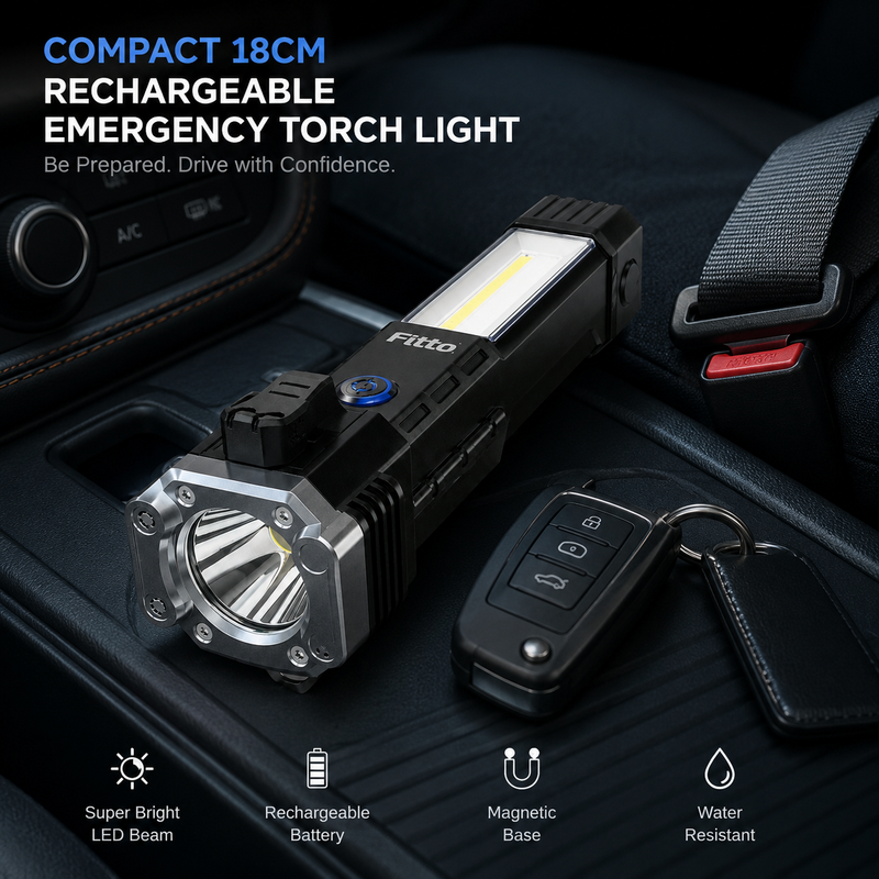 120 Pieces Black Rechargeable Emergency Torches (18 cm Portable LED Flashlight with COB Side Light – Glass Breaker and Seatbelt Cutter)