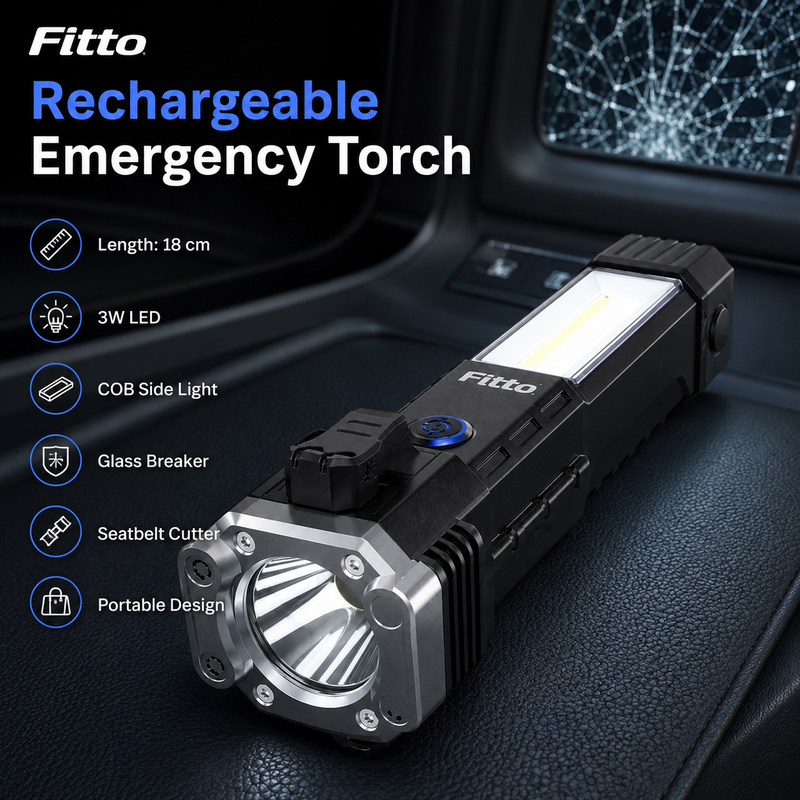120 Pieces Black Rechargeable Emergency Torches (18 cm Portable LED Flashlight with COB Side Light – Glass Breaker and Seatbelt Cutter)