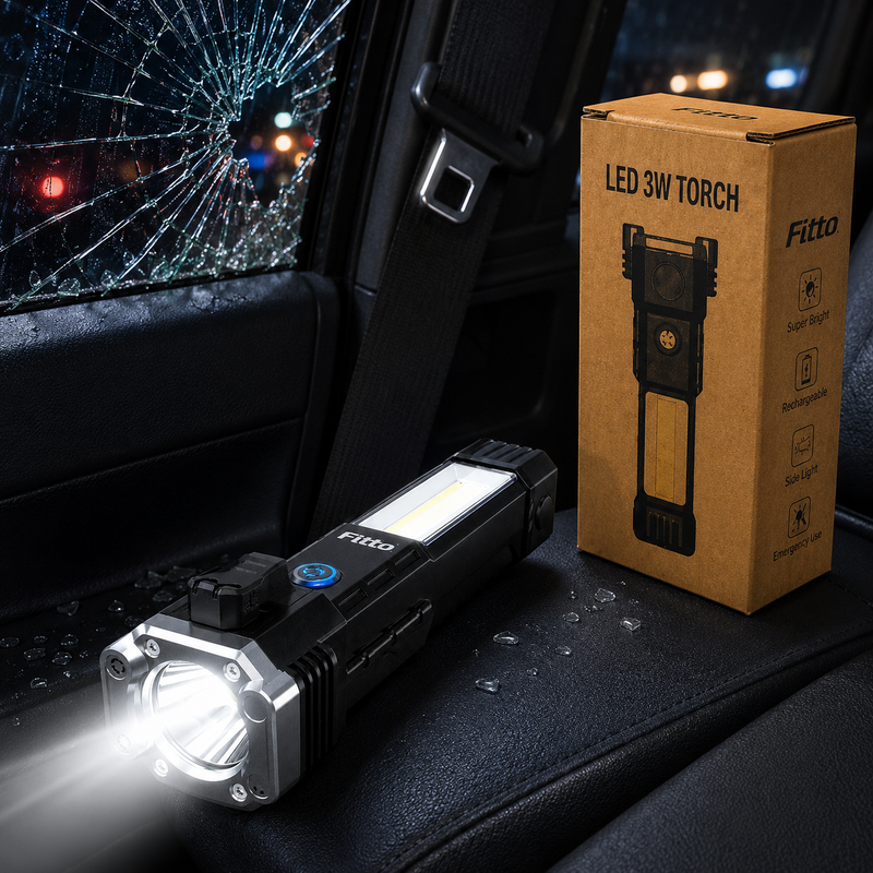 120 Pieces Black Rechargeable Emergency Torches (18 cm Portable LED Flashlight with COB Side Light – Glass Breaker and Seatbelt Cutter)