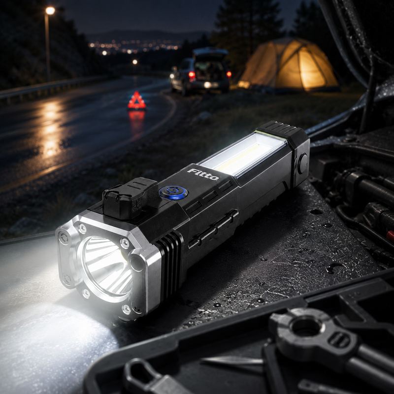 120 Pieces Black Rechargeable Emergency Torches (18 cm Portable LED Flashlight with COB Side Light – Glass Breaker and Seatbelt Cutter)
