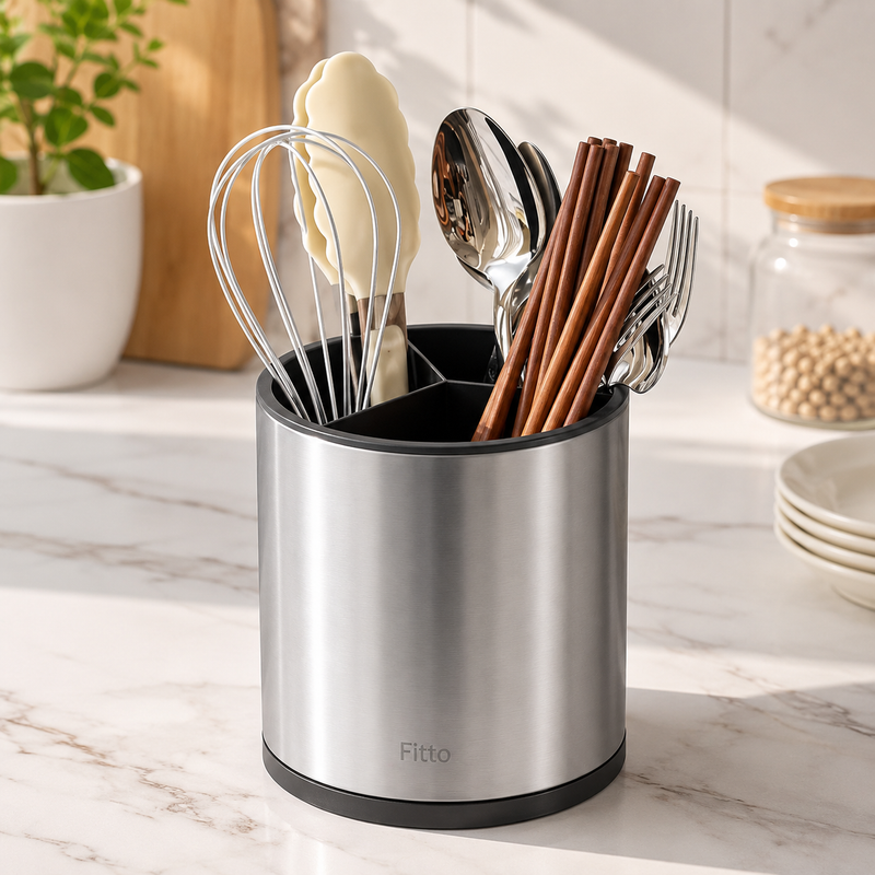 96 Pieces Kitchen Utensil Holders (Stainless Steel Countertop Cutlery Caddy with 3 Compartments and Non-Slip Base – Silver)