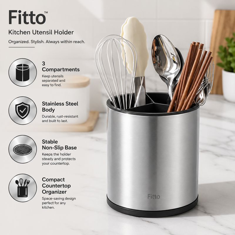 96 Pieces Kitchen Utensil Holders (Stainless Steel Countertop Cutlery Caddy with 3 Compartments and Non-Slip Base – Silver)