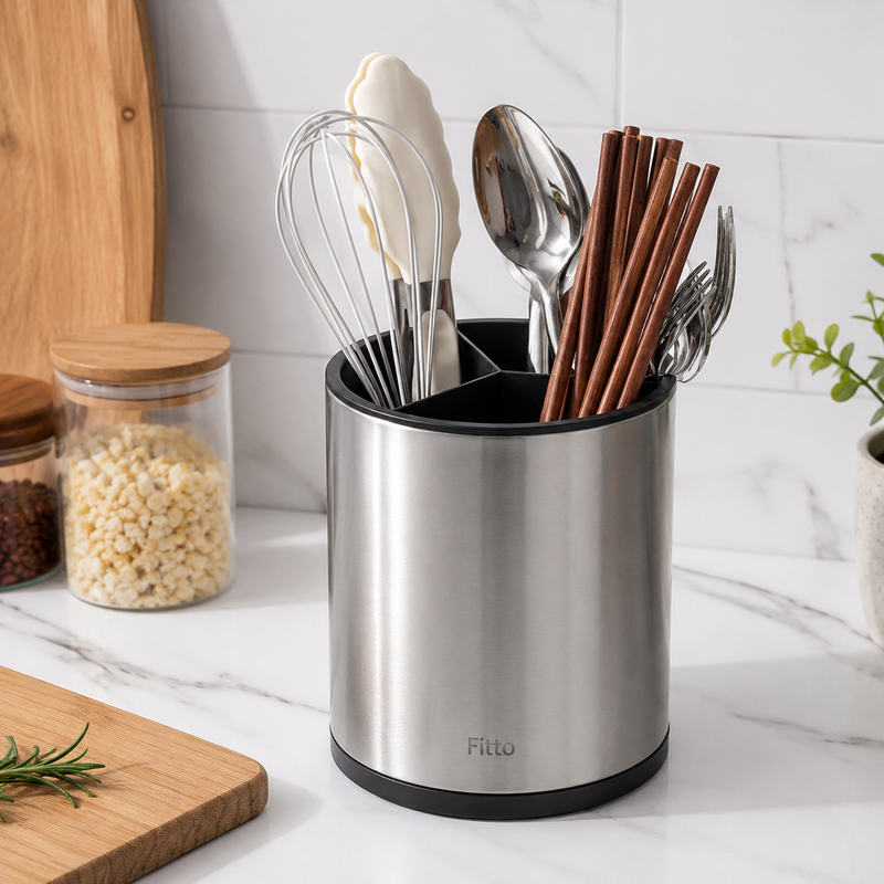 96 Pieces Kitchen Utensil Holders (Stainless Steel Countertop Cutlery Caddy with 3 Compartments and Non-Slip Base – Silver)