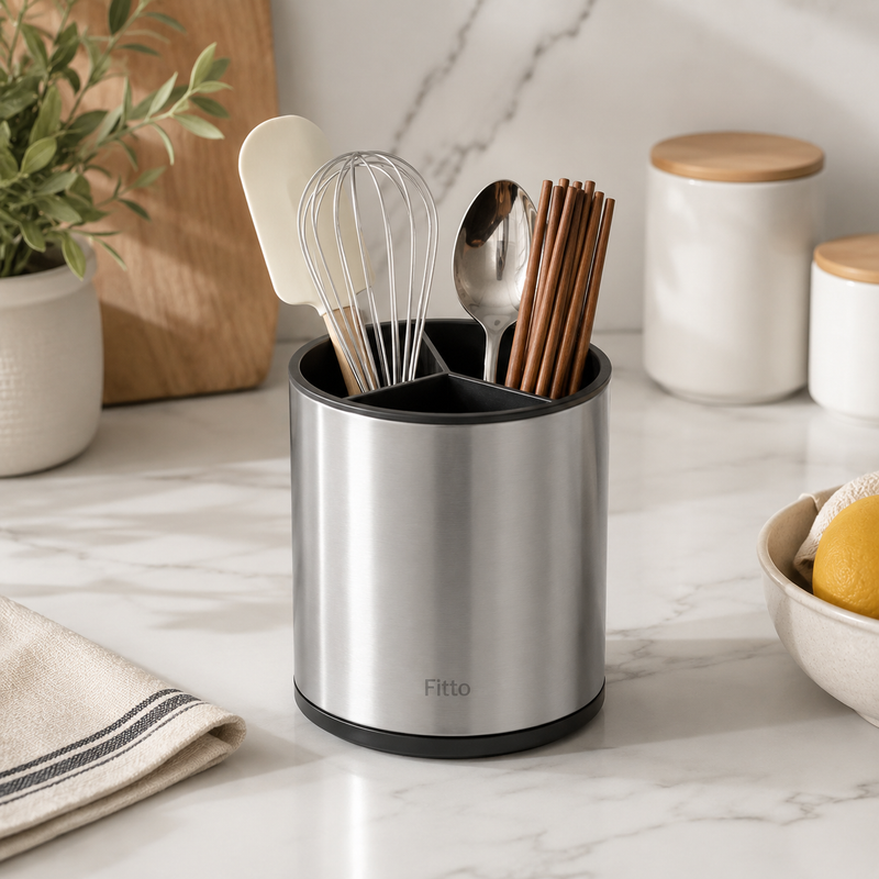96 Pieces Kitchen Utensil Holders (Stainless Steel Countertop Cutlery Caddy with 3 Compartments and Non-Slip Base – Silver)