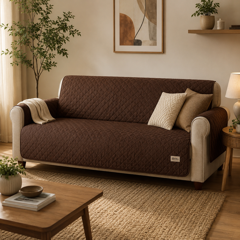 96 Pieces Brown Sofa Covers (Quilted Soft Fabric Couch Protector with Side Pocket – Machine Washable – Fits Sofas up to 210 cm)