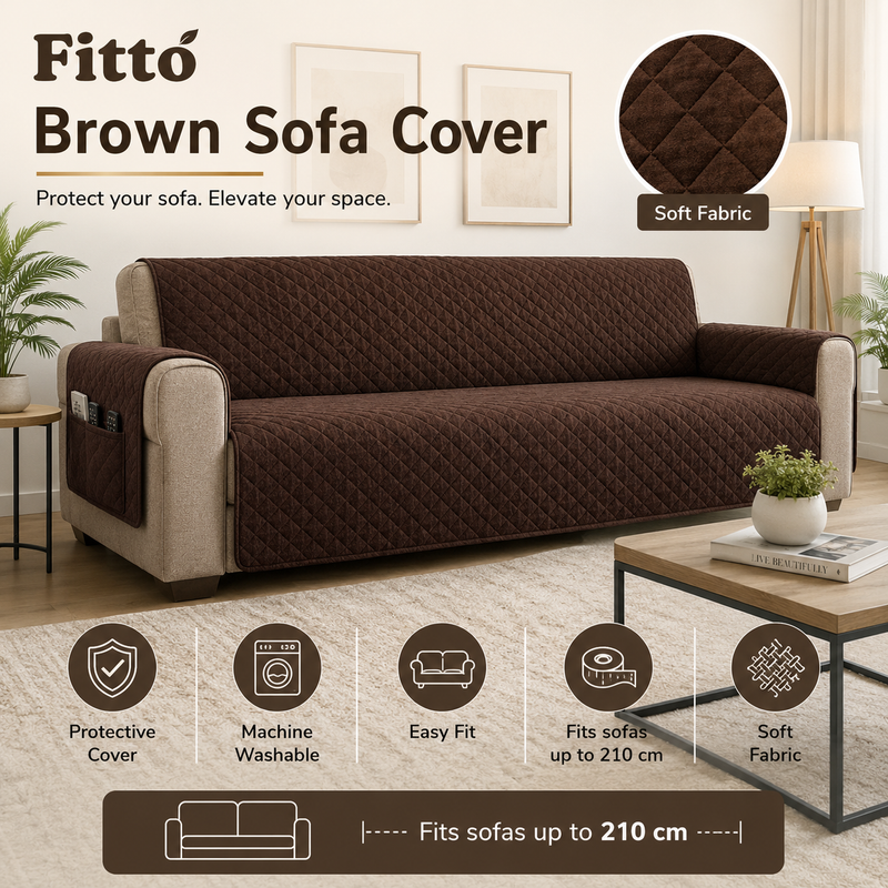 96 Pieces Brown Sofa Covers (Quilted Soft Fabric Couch Protector with Side Pocket – Machine Washable – Fits Sofas up to 210 cm)