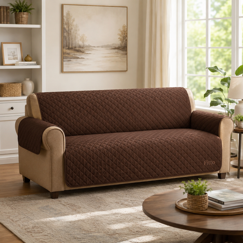 96 Pieces Brown Sofa Covers (Quilted Soft Fabric Couch Protector with Side Pocket – Machine Washable – Fits Sofas up to 210 cm)
