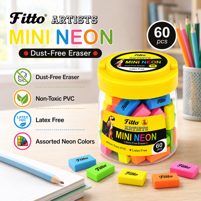 96 Pieces Artist's Mini Neon Dust-Free Erasers (60 Pieces – Latex-Free Non-Toxic PVC Colorful Pencil Erasers for Art – School – Office and Drawing)