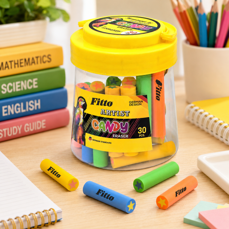 96 Pieces Artist's Candy Eraser Sets (30 Pieces Colorful Pencil Erasers in Storage Jar – Round Star Top Erasers for School – Office – Drawing and Art Supplies)