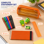 72 Pieces Complete Stationery Sets (Includes Pencil Case – 12 Pencils – 6 Fibre Pens – 2 Sharpeners – Eraser and Ruler for School – Home and Office)