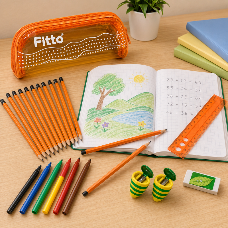 72 Pieces Complete Stationery Sets (Includes Pencil Case – 12 Pencils – 6 Fibre Pens – 2 Sharpeners – Eraser and Ruler for School – Home and Office)