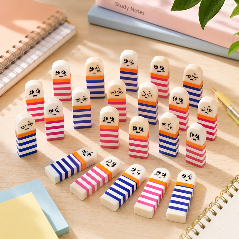 96 Pieces Eraser Packs (18 Pieces Cartoon Striped White Erasers – Soft Clean Erasing – Non-Toxic – PVC Free – For School Home Office)