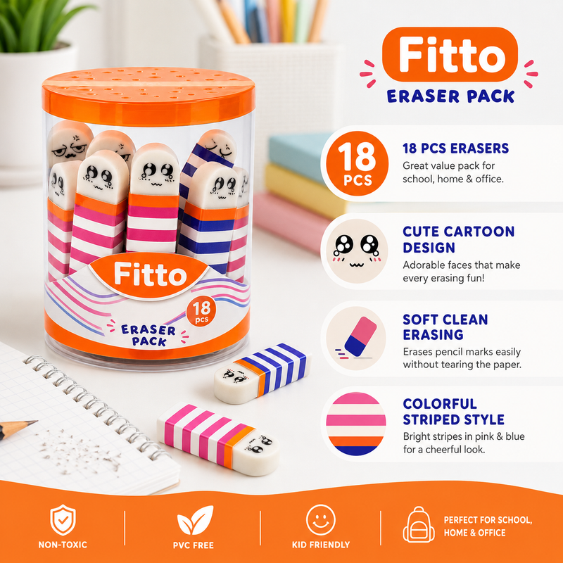 96 Pieces Eraser Packs (18 Pieces Cartoon Striped White Erasers – Soft Clean Erasing – Non-Toxic – PVC Free – For School Home Office)